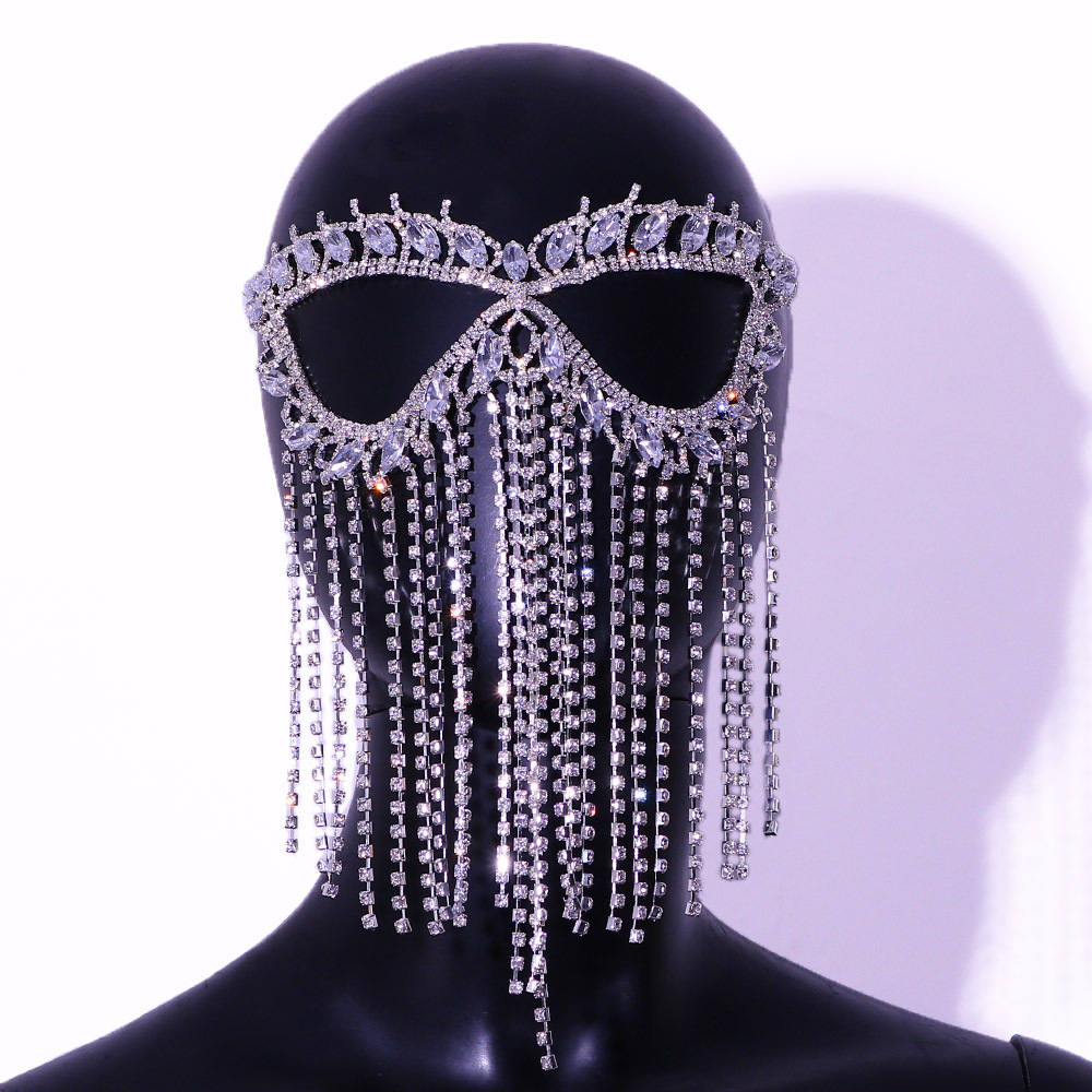 Halloween Crystal Rhinestone Face Mask With Draped Chain Design